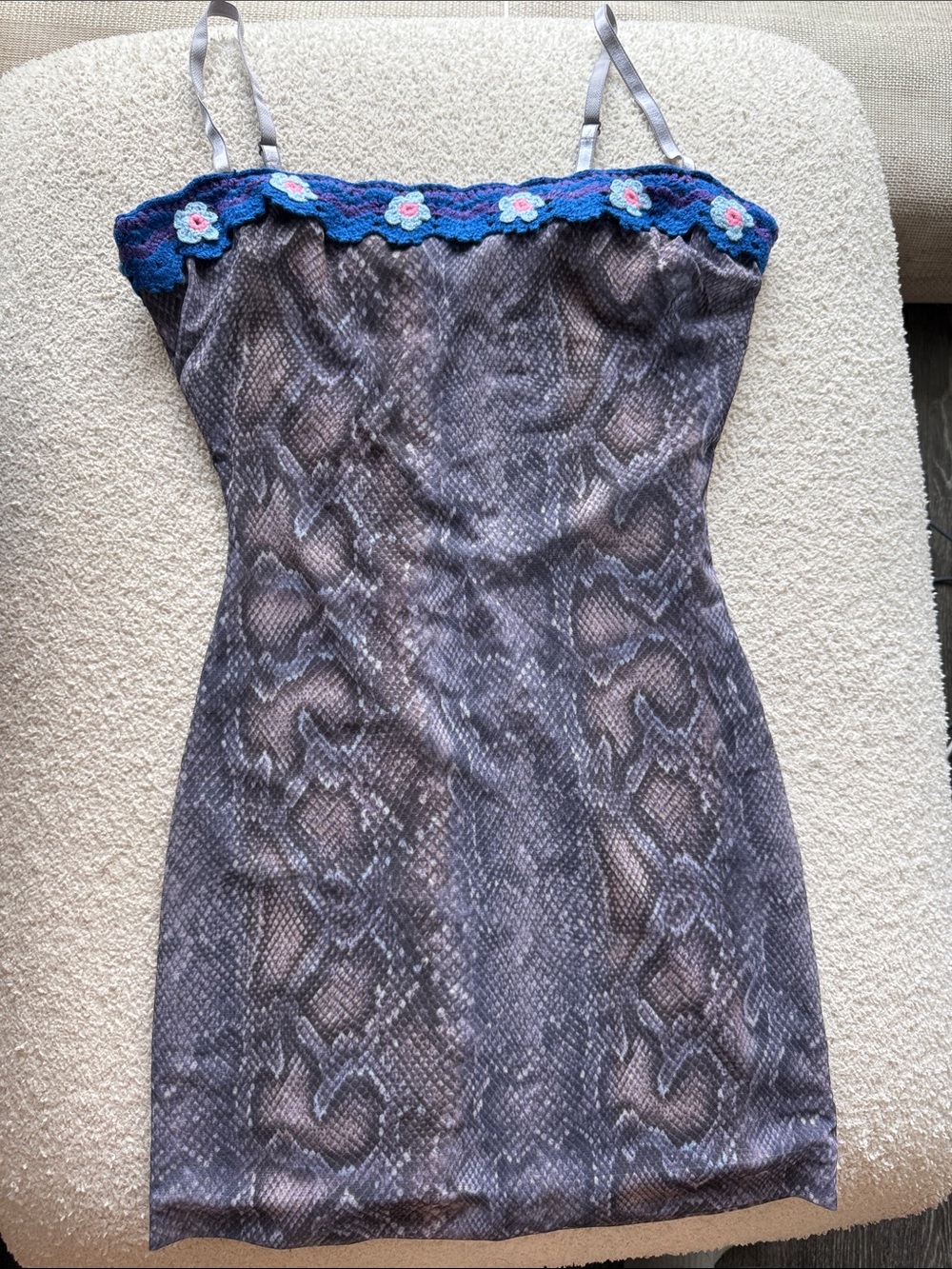 Danielle Guizio Crochet Flower Trim Snakeskin Print Mesh Mini Bodycon Dress